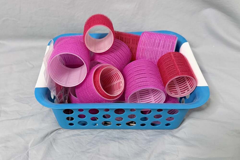 Self-Grip Hair Roller Set with Metal Duckbill Clips and Storage Basket